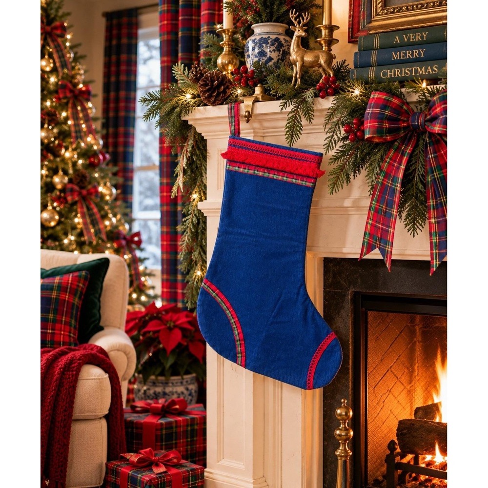 VTG Handmade Christmas Stocking Blue Corduroy Tartan Plaid Primitive Farmhouse
